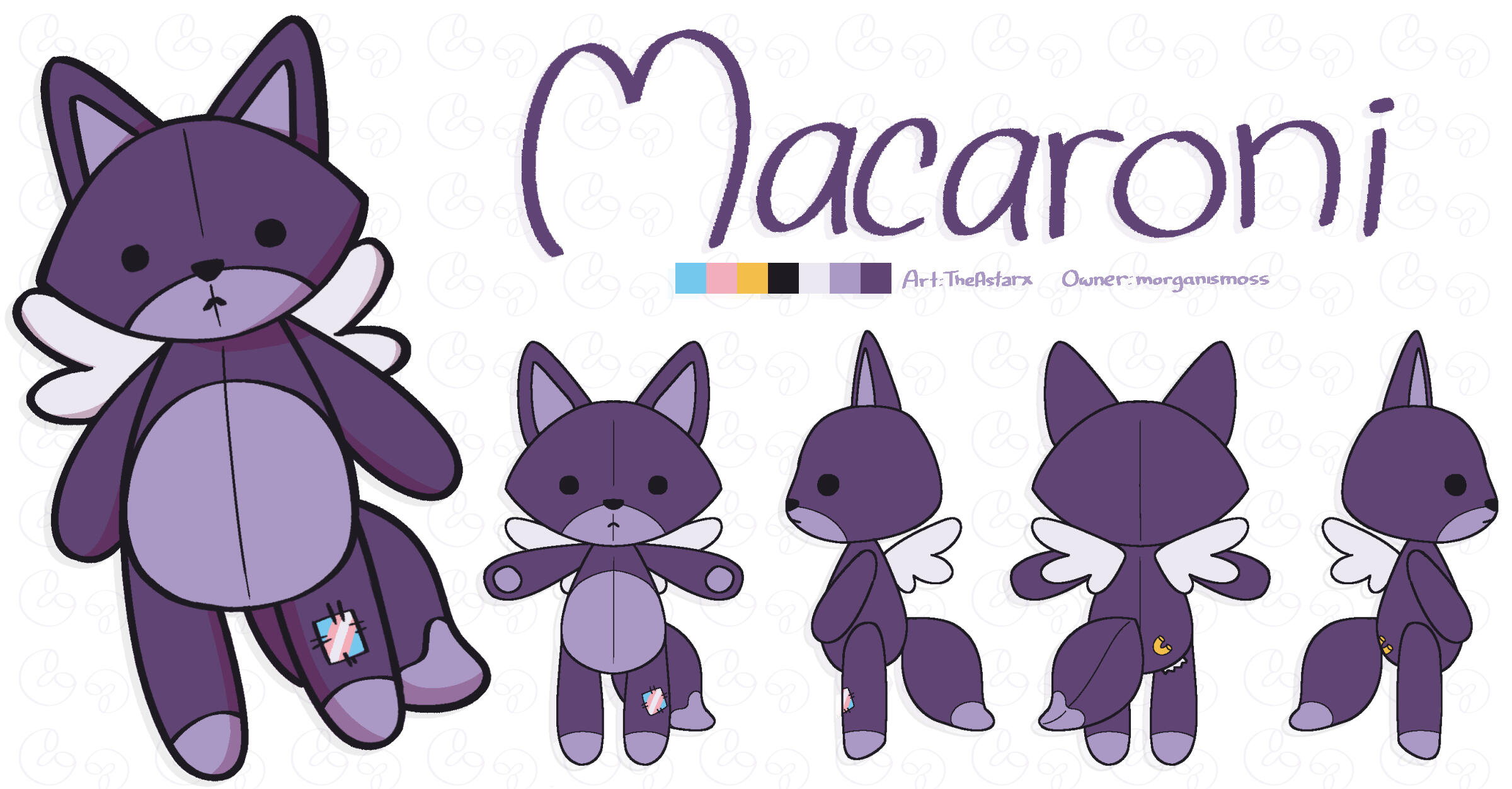 A reference sheet of Macaroni, a purple fox plushie. Mac has cream-colored wings, a torn butt tag, and a yellow macaroni noodle emblem on their right flank. They have a blue, pink, and white patch sewn on their left knee.