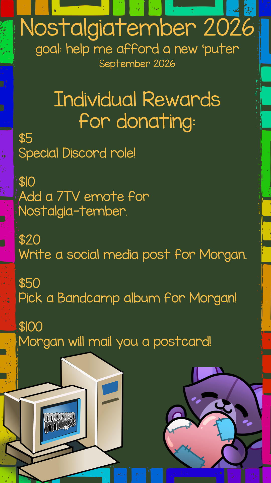 Nostalgiatember 2026 computer fund individual goals a promotional graphic that contains the same goals as the above